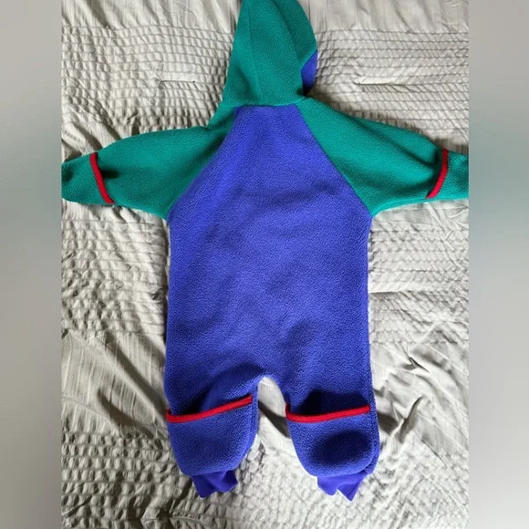 L.L. Bean Vintage Kids Fleece Bunting Toddlers 12M Green Blue Hood Color Block - Picture 5 of 7